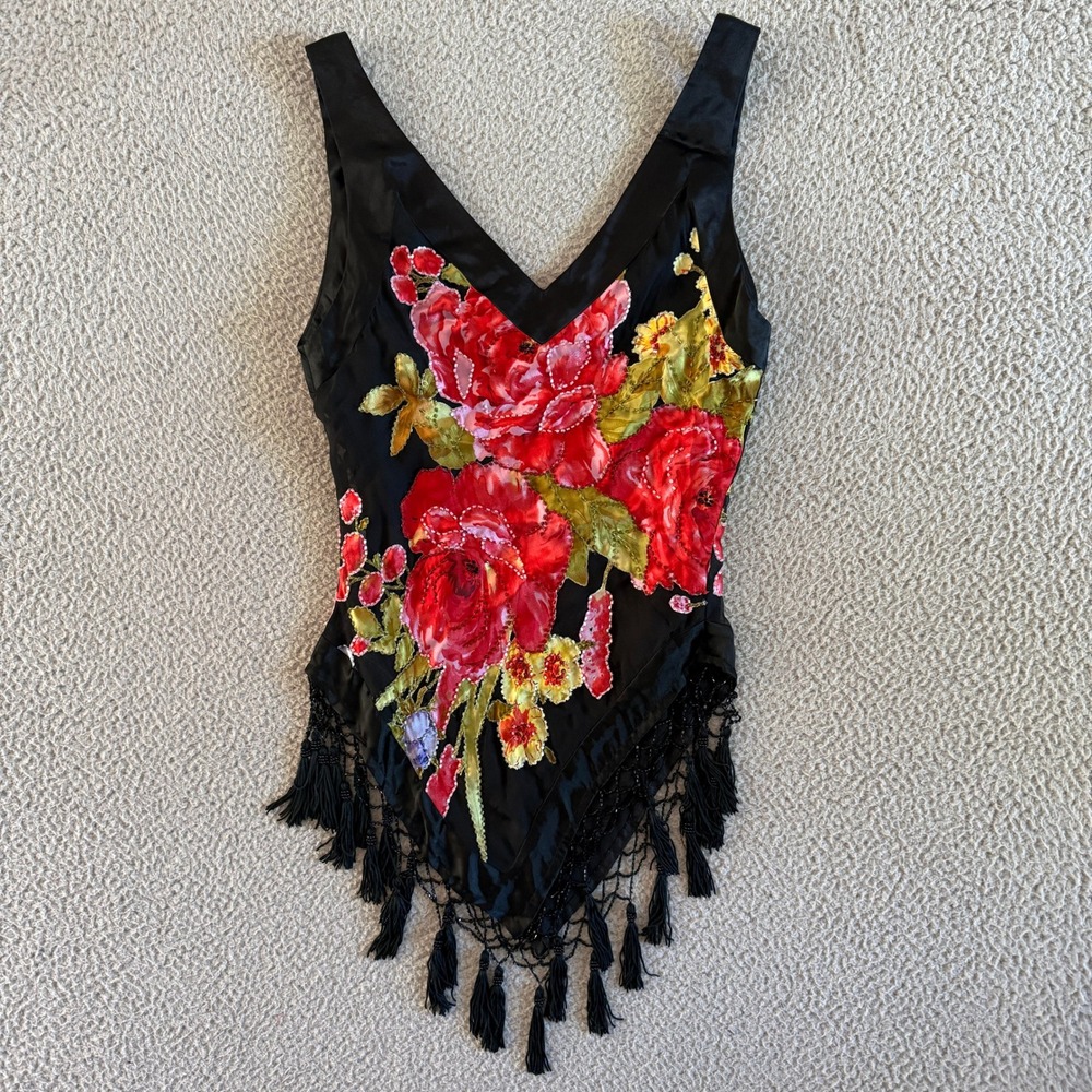 Cache Silk Beaded Handkerchief Fringe Tank Top sz Medium Whimsical Fairy Roses - Picture 10 of 11